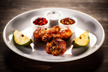 Barbecue chicken drumsticks with fried pear on wooden table
