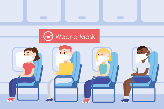 travel safe campaign poster with passengers wearing medical mask in airplane chairs