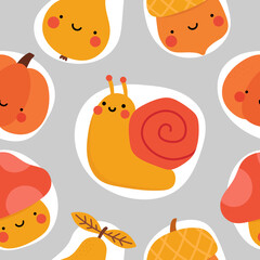 Autumn seamless pattern, cute drawing cartoon characters, vector set of autumn, acorn, snail, pumpkin, pear, mushroom, pine tree. nursery seamless pattern, scandinavian thanksgiving day