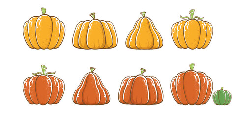 vector graphic orange pumpkins set isolated on white horizontal banner background. Cartoon hand drawn pumpkins collection for autumn ,Halloween and Thanksgiving day poster and banner design
