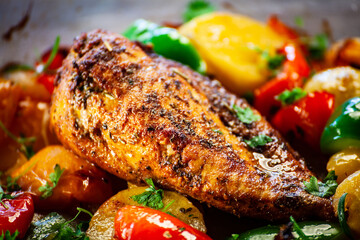 Roast chicken breast with potatoes and vegetables on wooden table