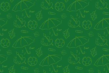 Yellow linear vector on a school theme on a green background, seamless pattern