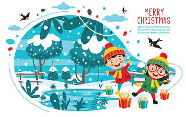 Christmas Greeting Card Design With Cartoon Characters