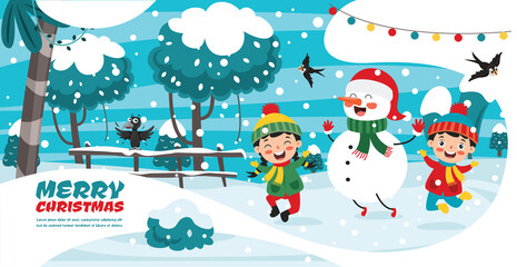 Naklejka premium Christmas Greeting Card Design With Cartoon Characters