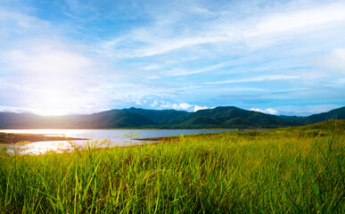 Fototapeta na wymiar Mountain landscape, picturesque mountain lake in the summer morning