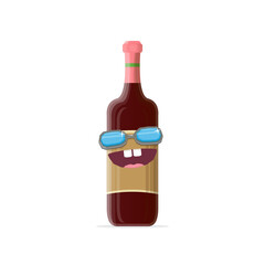 vector funny cartoon red wine bottle character with sunglasses isolated on white background. funky smiling glass wine bottle character design template for wine menu or wine map.