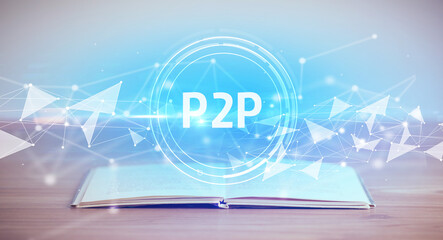 Open book with P2P abbreviation, modern technology concept