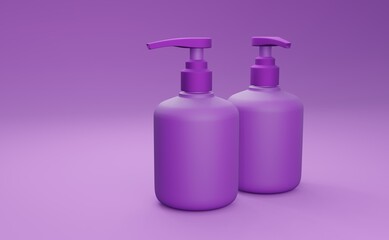 Set of empty package for cosmetic product. Collection of blank template of plastic container. Mockup of packages isolated on purple background.3d illustration.