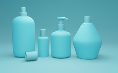 Set of empty realistic package for cosmetic product. Collection of blank template of plastic container. Mockup of packages isolated on sky background.3d illustration.