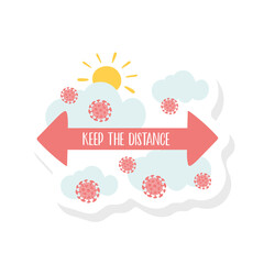 keep the distance lettering campaign with arrow and covid19 particles