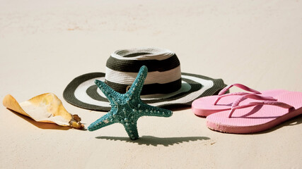 Summer holiday vacation concept with Beach Accessories and flip-flops
