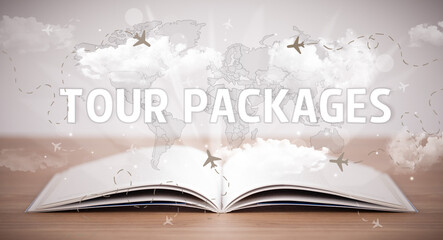 Open book with TOUR PACKAGES inscription, vacation concept