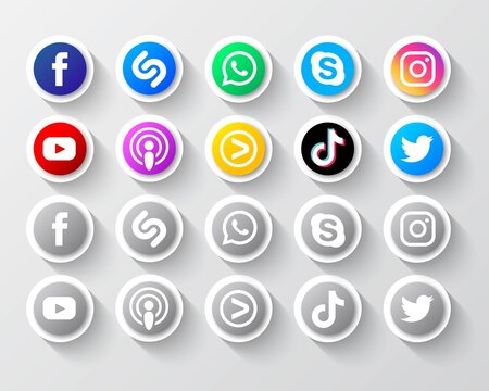 Set Of Popular Entertainment And Social Network Icons. Facebook, Youtube, Shazam, Podcast, Whatsapp, Viu, Skype, TikTok, Instagram, Twitter