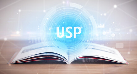 Open book with USP abbreviation, modern technology concept