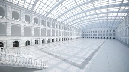 Empty exhibition space. Business forum. Backdrop for exhibitions and events. Tile floor. Marketing mock up. 3D render illustration