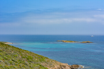 View of the islands of Finocchiarola, Mezzana, A Terra, Peninsula of Cap Corse, Corsica. Uninhabited Islands of Rogliano. France