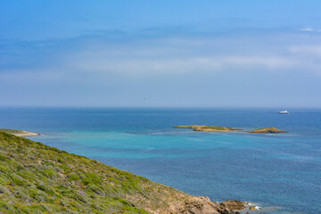 Fototapeta na wymiar View of the islands of Finocchiarola, Mezzana, A Terra, Peninsula of Cap Corse, Corsica. Uninhabited Islands of Rogliano. France