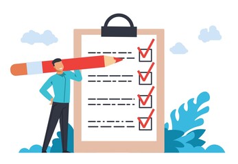 Businessman with checklist. Cartoon man with red pencil and clipboard paper. Cute young male marking completed goals. Time management and planning. Vector control business process flat concept