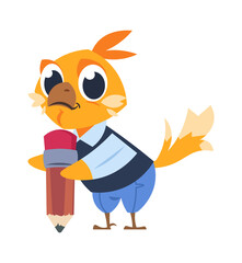 Chicken kid at school. Cartoon yellow bird holding pencil. Little chick getting knowledge in kindergarten or academy. Isolated animal in uniform with stationery, vector childhood flat illustration