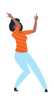 Cartoon trendy woman dancing. Cute African female at disco, waving arms and legs to music. Human leisure activity and weekend rest in club. Young dancer at birthday party, vector holiday illustration