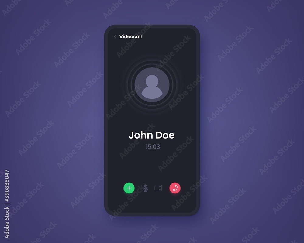 Poster Phone video call. Realistic mockup of application UI for mobile conference, online communication interface with screen buttons. Private or business conversation, vector smartphone display template