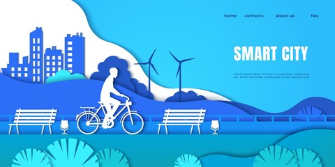 Smart city landing page. Origami boy riding bicycle. Paper cut interface with headline, buttons and text. Cartoon man on electric vehicle, green technology and ecological electricity. Vector web site