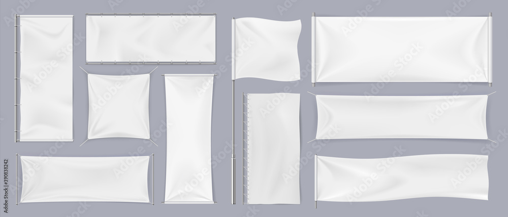 Wall mural textile banners. realistic white blank flags, empty canvas template. collection of horizontal and ve