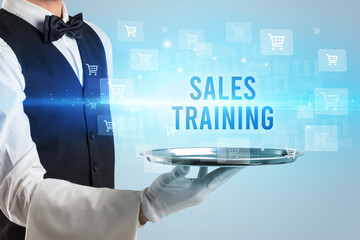 Waiter serving SALES TRAINING inscription, online shopping concept
