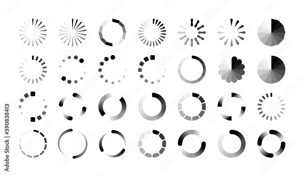 Poster Loader icons. Round progress bar, buffering and data transfer process sign. Black web marks on white background. Collection symbols of upload and download or reboot. Vector loading flat isolated set