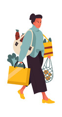 Woman with shopping bags. Cartoon young female walking from greengrocer store. Heavy handbags of food, buying fruits and vegetables. Cozy clothes for making purchase. Vector shop customer illustration