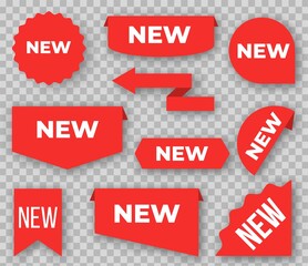 New labels. Red signs for marking product, last arrivals of goods in store. Round tags and ribbons or bookmarks template with text on transparent background. Vector stickers for retail isolated set