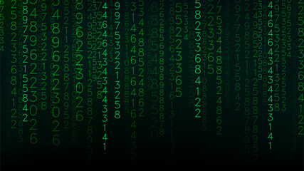 Green matrix background. Stream of binary code. Falling numbers on dark backdrop. Digital computer code. Coding and hacking. Vector illustration.