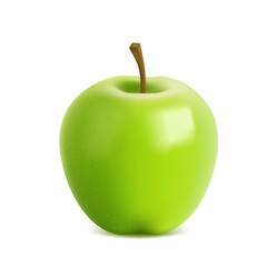 Realistic green apple on white background, sweet fruit, healthy food.