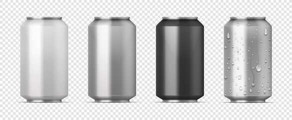 Realistic beer pack. 3D aluminum white, gray and black cans for carbonated drink with water condensation effect. Alcohol or soda beverage container on transparent background. Vector brand identity set