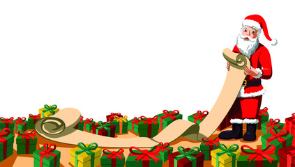 Fototapeta premium letter to Santa Claus reads Wish list surrounded by christmas gifts, fictional Character illustration