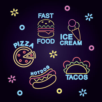 fast food sign and neon signs icon set, colorful design