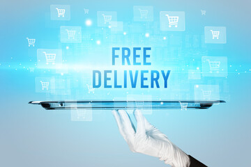 Waiter serving FREE DELIVERY inscription, online shopping concept