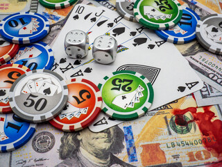 playing cards, poker chips, alcohol shot bottle,  cigar, addiction vices concept 