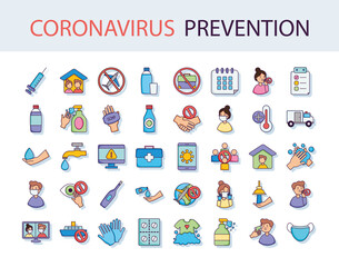 coronavirus prevention icons set, flat style
