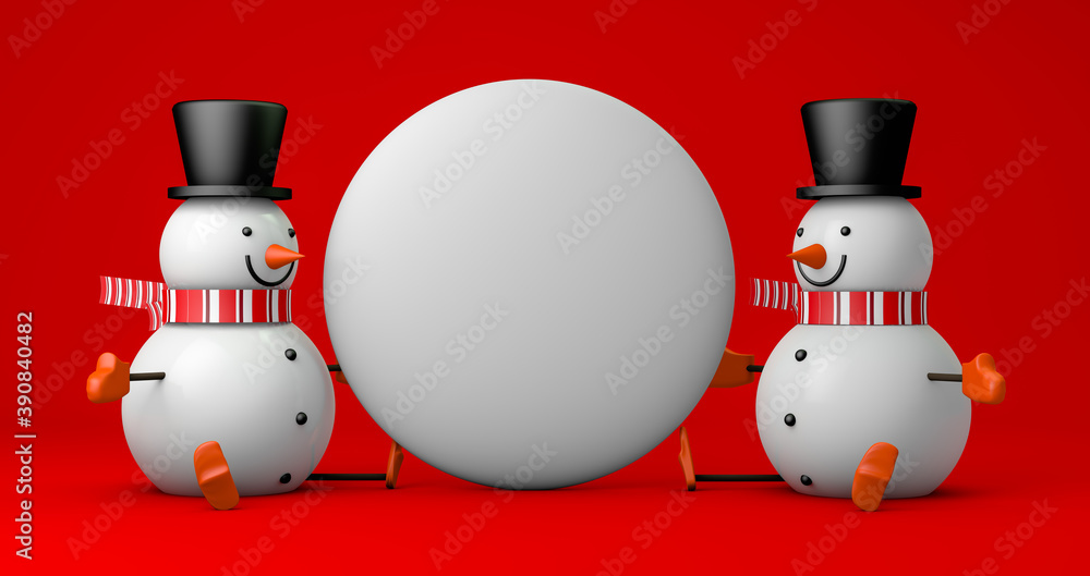 Poster 3d rendering, abstract of christmas 2 snowman sitting between big snow ball with blank empty space f