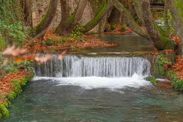 Obraz premium Waterfall in Krya, Livadia Greece. The river flows between the tree trunks. The leaves, green, red and yellow on the ground. The exposure time is 1/25 and the waterflow looks silky 