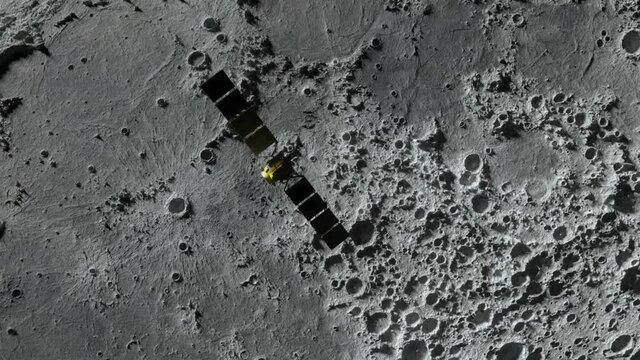 Textured surface of the moon in motion close-up. Satellite moving along the moon. 3D animation. Elements of this image furnished by NASA.