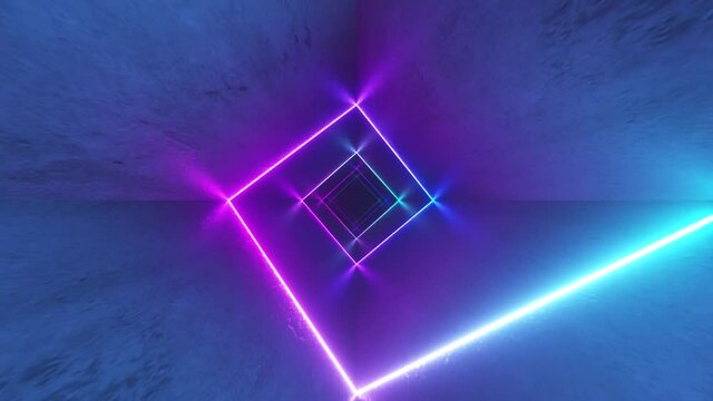 Endless flight in the corridor with a laser neon curve. Modern ultraviolet lighting. Blue purple light spectrum. Seamless loop 3d render