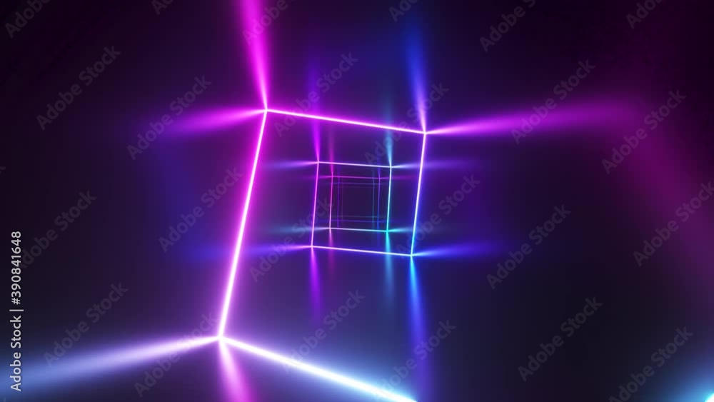 Poster endless flight in the corridor with a laser neon curve. modern ultraviolet lighting. blue purple lig