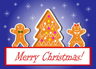 Postcard template with gingerbread cookies for Christmas and New Year. Gingerbread men and a tree. For packaging goods, shops, congratulations and gifts. Vector illustration.