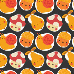 Autumn seamless pattern, cute drawing cartoon characters, vector set of autumn, acorn, snail, pumpkin, pear, mushroom, pine tree. nursery seamless pattern, scandinavian thanksgiving day