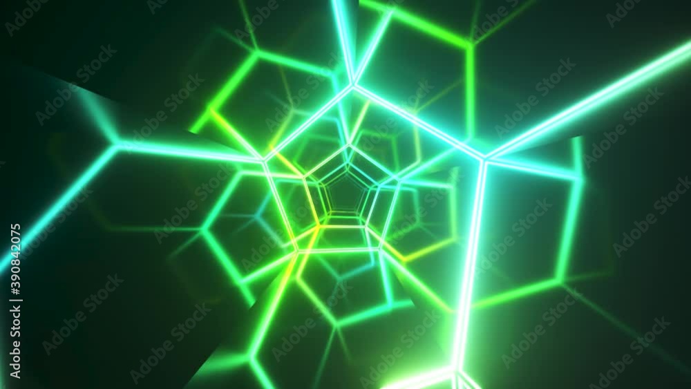 Poster endless flight in the corridor with a laser neon curve. modern ultraviolet lighting. blue green ligh