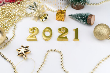 Happy New Year 2021. Sparkling gold numbers on white background. object for design holiday greeting...