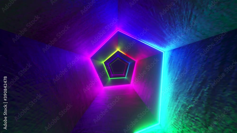 Poster endless flight in the corridor with a laser neon curve. multicolored seamless loop 3d render