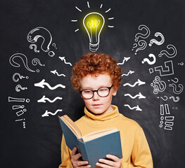 Student boy with book, idea lightbulb and question marks